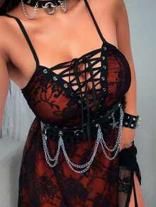 Whyspr 中世纪复古哥特式深色迷你连衣裙，女士蕾丝玫瑰吊带连衣裙 - 橘色 - 查看 5