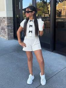 Firerie Kids Firerie Kids Conjunto de top de manga globo de cuello redondo y shorts casuales y de moda para niñas preadolescentes Nova Glow