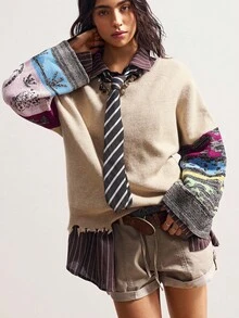 Bohemela 女式拼布印花圆领长袖毛衣 - 杏色 - 查看 6