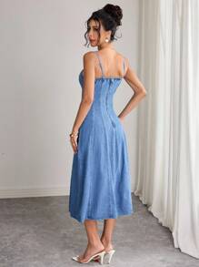 Elenzga Váy midi denim không tay thường ngày dành cho nữ - Rửa trung bình - Xem 2