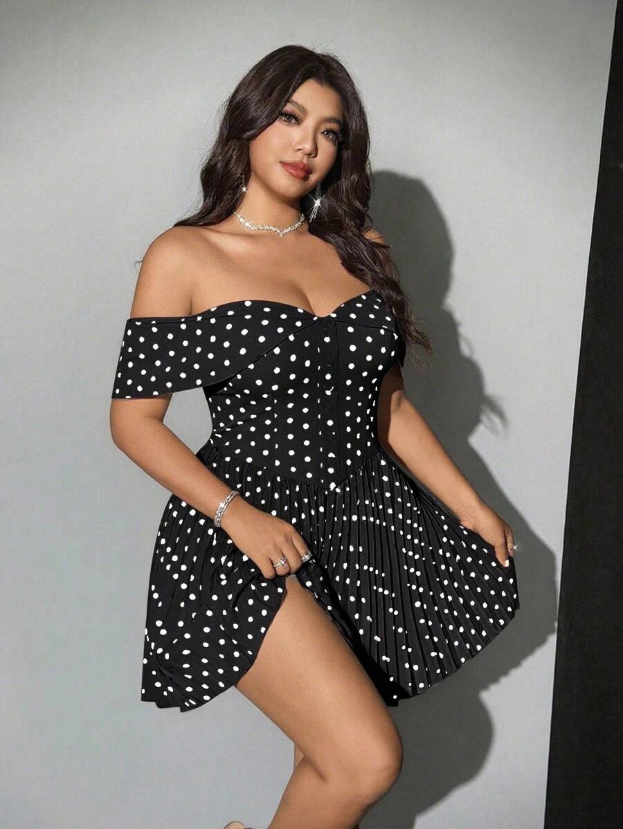 Viva Relle Plus Size Women's Elegant Romantic Off Shoulder Polka Dot Pleated Mini Dress