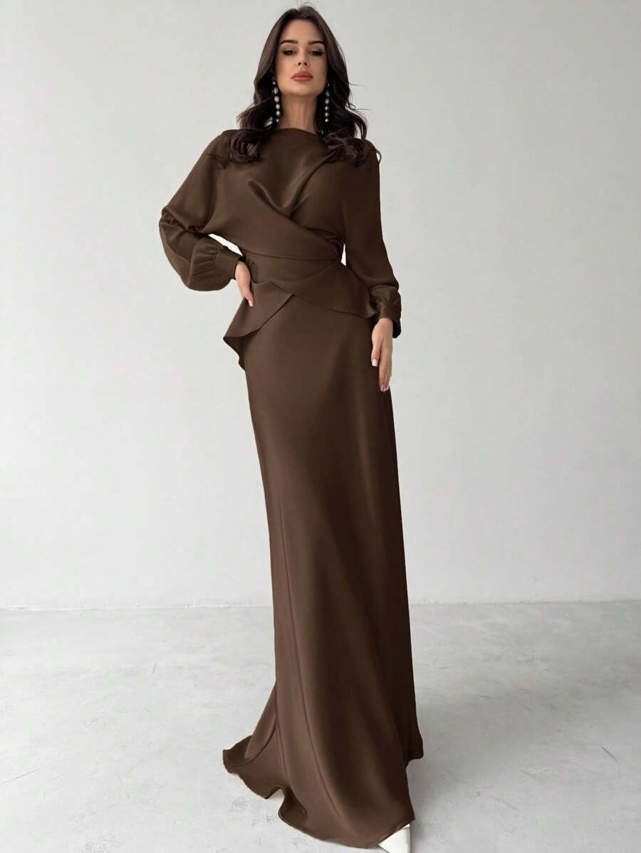 Firerie Women's Elegant Apricot Satin Asymmetric Hem Satin Skirt,Fall - Coffee Brown - View 1