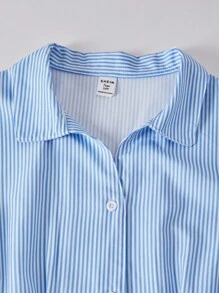SHEIN Explorewe Teen Girl Turndown Collar Button Puff Sleeve Casual Fashion Shawl Collar Blouse Blue Striped Shirt Girls Preppy Blue Shirt