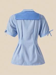 SHEIN Explorewe Teen Girl Turndown Collar Button Puff Sleeve Casual Fashion Shawl Collar Blouse Blue Striped Shirt Girls Preppy Blue Shirt