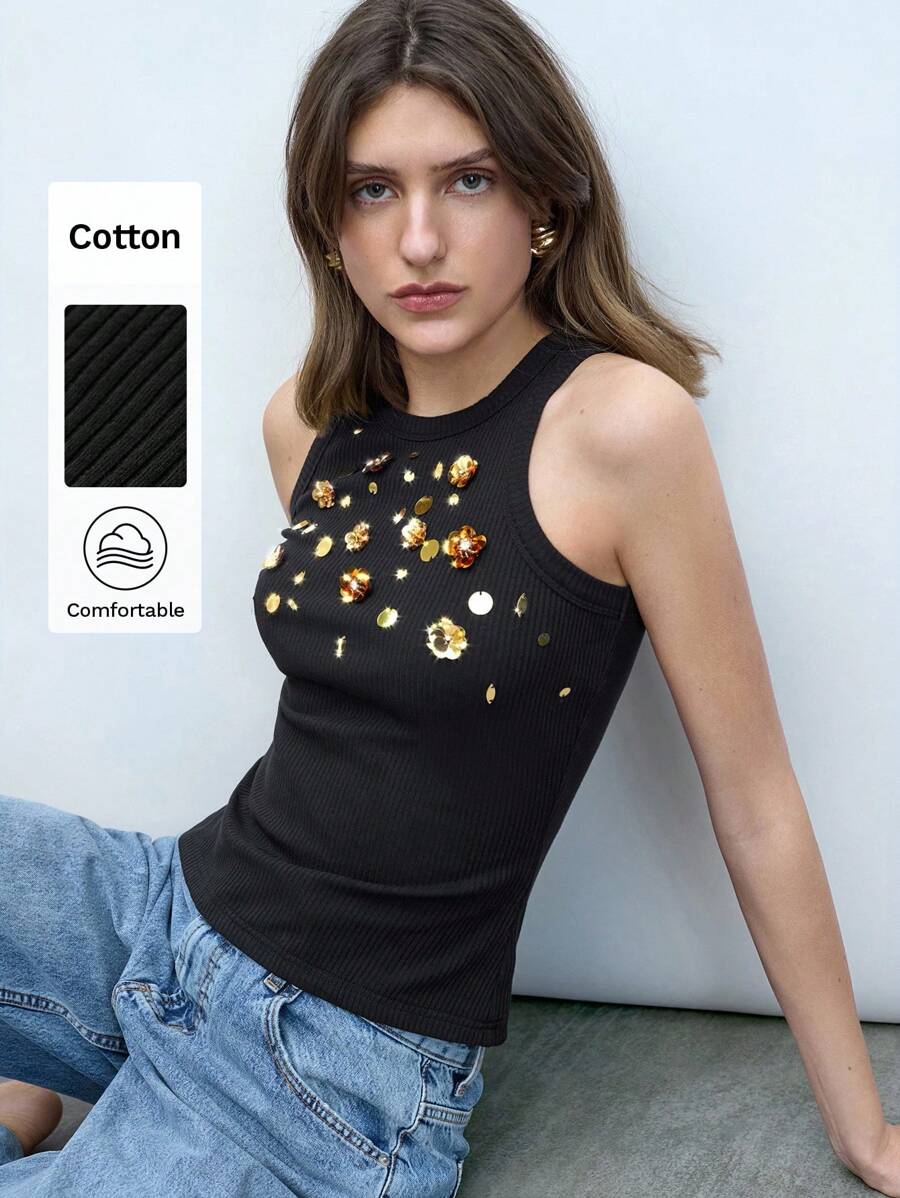 Maija 女士无袖金属花卉装饰圆领舒适背心，适合音乐节、派对、复古风格