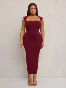 SHEIN SXY 大码女式优雅性感露背 T 领弹力针织修身中长连衣裙，适合婚礼季、浪漫狂欢节、度假、通勤、返校季、毕业典礼、约会、情人节、邮轮装束、单身派对装束、俱乐部、可爱、休闲、购物、街头服饰、外出、易于搭配且看起来苗条，凸显您的身材，修饰身材 - 酒紅色 - 查看 6
