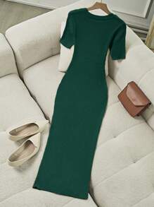 Franclia Đầm dệt kim cổ tròn tay ngắn xẻ tà trang trí thanh lịch dành cho nữ, quần áo len dệt kim mùa hè cho trường đại học - Màu xanh lá cây đậm - Xem 2