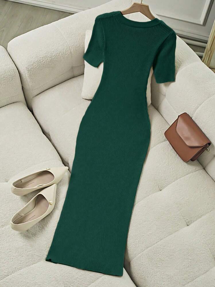 Franclia Women's Elegant Fitted Round Neck Short Sleeve Slit Decorative Button Knit Dress, Summer Knitted Sweater Clothes For University - Dark Green - View 2