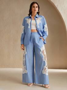 Anewsta New Arrival Hollow Pearl Plus Size 2 Pieces Set, Commuter Style - Baby Blue - View 3