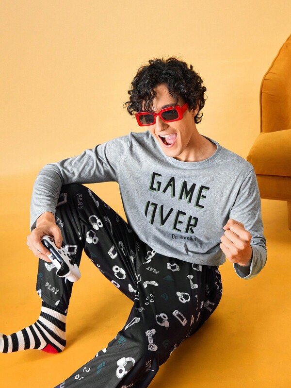 NotGurli Men's Letter Print Long Sleeve Shirt And Full Print Long Pants Pajama Set