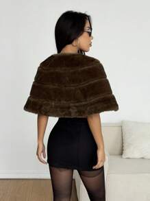 SHEIN EZwear 秋冬女士时尚优雅仿皮草披肩夹克 - 咖啡棕 - 查看 2