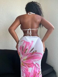 Alexandranx Bộ đồ bơi 3 món mùa hè 2025 bikini tam giác dây mảnh, quần buộc dây bên hông và áo choàng lưới dài cho nữ - trắng - Xem 2