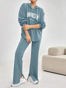 Veilorie 2pcs Women Casual Letter Print Drawstring Hooded Sweatshirt And Pants Set, Autumn 2 Pieces Set - Blue - View 6