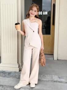 SHEIN 少女都市办公室时尚单肩吊带上衣西装外套+裤子两件套