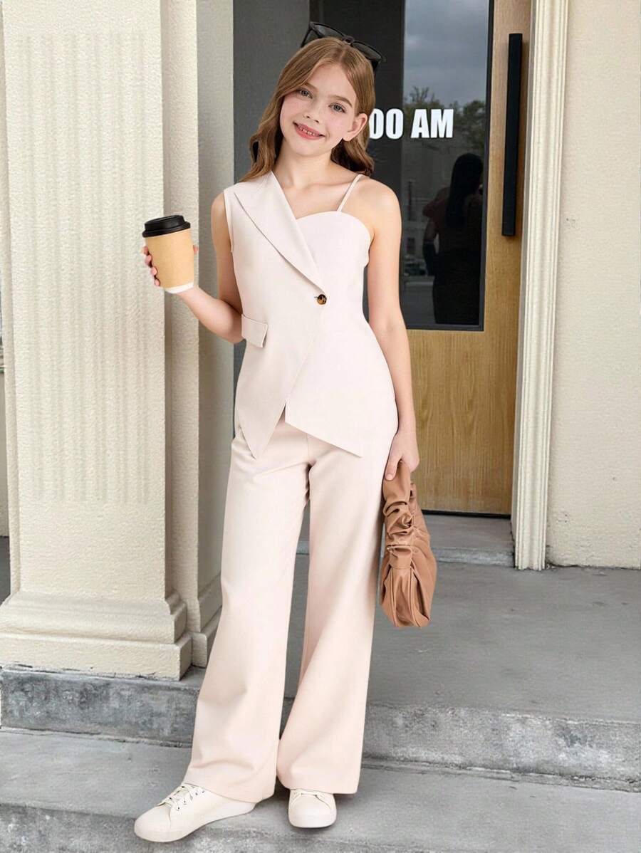 SHEIN 少女都市办公室时尚单肩吊带上衣西装外套+裤子两件套