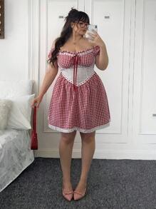 SHEIN EZwear 加大码格子拼接蝴蝶结装饰露肩束腰夏季连衣裙，连衣裙 - 彩色 - 查看 3