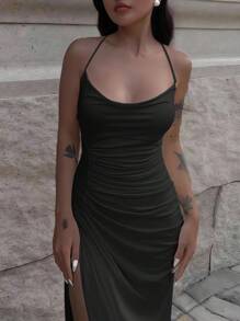 INAWLY 性感合身低胸褶皱开衩交叉吊带连衣裙 - 黑色 - 查看 3