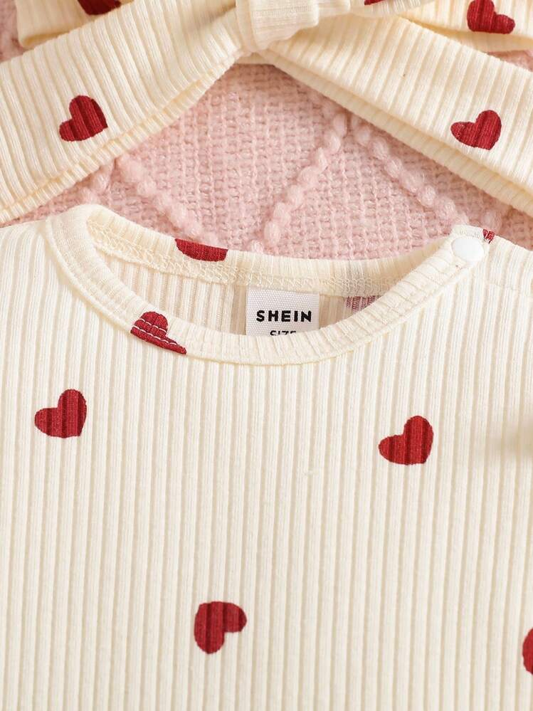 SHEIN Valentine's Day Newborn Baby Heart Print Jumpsuit, Cozy Knitted Casual Jumpsuit With Headband Included Fall Winter - Apricot - View 7