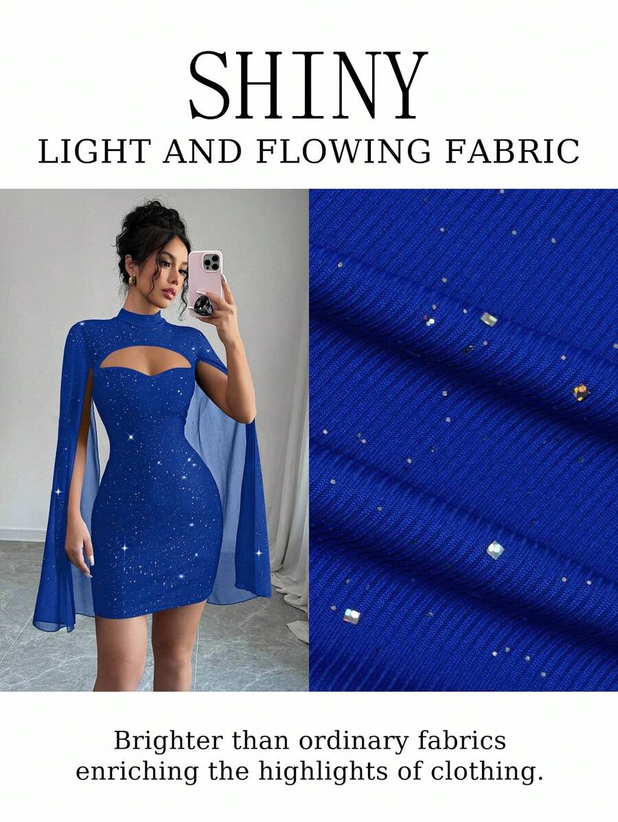 Selianne 女士前拉链长袖网眼拼接迷你修身连衣裙 - 藍色 - 查看 1