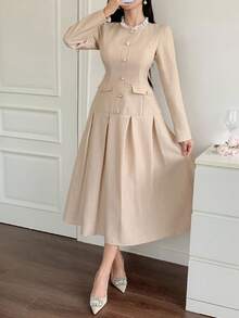 DAZY 女士秋季拼布荷叶边领灯笼袖长裙长袖连衣裙 - 杏色 - 查看 5