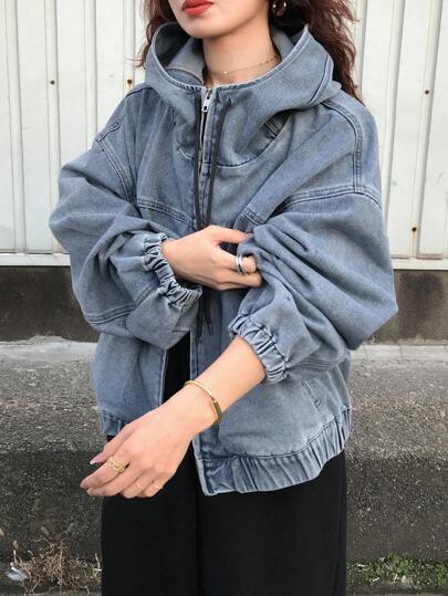 FRIFUL 女士前拉链长袖口袋休闲连帽牛仔夹克