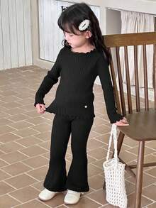 Dazy Kids Young Girl Frill Trim Crew Neck Long Sleeve Sweater And Flared Knit Pants Casual Outfit - Black - View 4