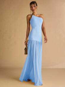 SHEIN BAE 女士杏色不对称肩部金属扣装饰紧身连衣裙，透明下摆，优雅 - 淺藍色 - 查看 3