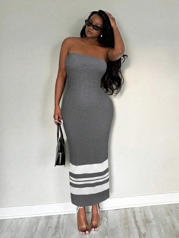 SHEIN SXY 大码女式春夏紧身抹胸拼接白灰色长裙，适合街头、休闲、性感、日常旅行、购物、约会，穿着凉爽舒适，易于搭配且显瘦，凸显您的身材，修饰身材