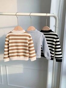 3 件套幼儿男孩/女孩加厚条纹纯色圆领运动衫，舒适休闲基本日常服装，适合室内、户外、日常穿着、运动、派对、拍照、节日、街头服饰、运动服、返校、圣诞节、新年