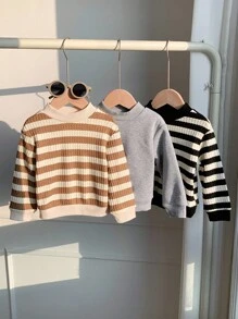 3 件套幼儿男孩/女孩加厚条纹纯色圆领运动衫，舒适休闲基本日常服装，适合室内、户外、日常穿着、运动、派对、拍照、节日、街头服饰、运动服、返校、圣诞节、新年