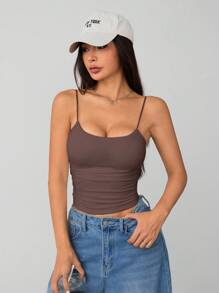 SHEIN PETITE Women's White Tight Round Neck Breathable Basic Camisole Women's Tops Braless Tank Tops - Brown - View 6