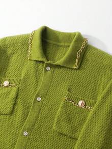 Manfinity Homme 男士落肩长袖单排扣休闲开衫 绿色开衫 男士，秋冬 - 綠色 - 查看 3