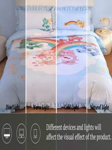 SHEIN X Care Bears 3pc Cute Cartoon Bear & Rainbow Print Ruffle Trim Bedding Set,Suitable For Single Bed/Double Bed/Queen Bed/King Bed, Dormitory/Home - Blue - View 11