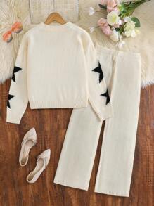 2 件套青少年女童毛衣套装，黑色星星提花针织套头衫搭配阔腿裤，舒适亲肤，春秋季时尚穿搭，适合居家穿着或送礼 - 杏色 - 查看 2