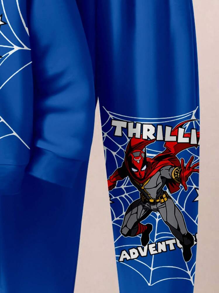 SHEIN 2 件套年轻男孩宽松休闲卡通蜘蛛图案连帽衫和裤子，舒适运动风格，蓝色，适合秋冬季 - 彩色 - 查看 5