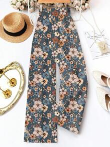 SHEIN LUNE 休闲复古花卉图案女士腰系带宽松裤，适合秋夏季 - 藍色 - 查看 2