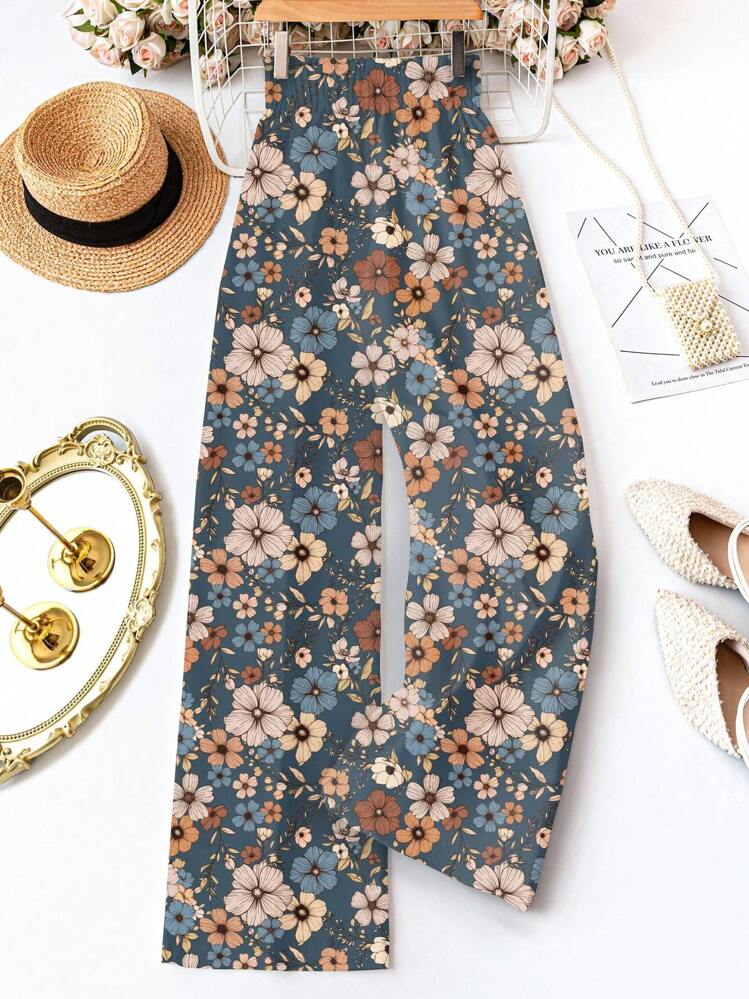 SHEIN LUNE 休闲复古花卉图案女士腰系带宽松裤，适合秋夏季 - 藍色 - 查看 2