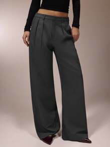 SHEIN Forever 21 夏季新款宽松高腰舒适阔腿女裤 - 灰色 - 查看 5