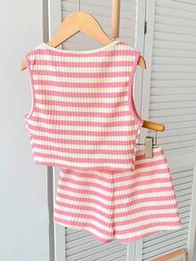 SHEIN 青少年女孩休闲基本款纹理针织无袖上衣和短裤套装 - 粉色 - 查看 2