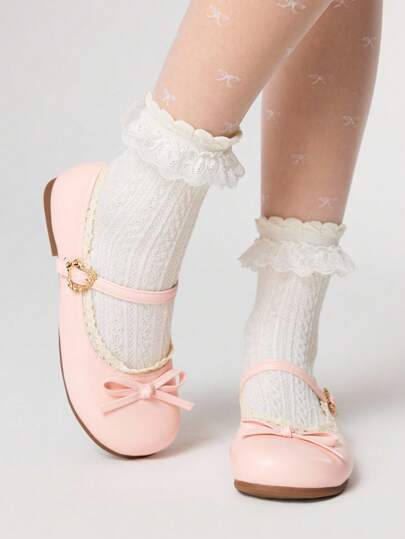 Kawaii Pink Mary Jane Shoes, Closed Toe Lolita Shoes With Bow & Lace, Ballet Flats For Women