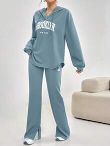 Veilorie 2pcs Women Casual Letter Print Drawstring Hooded Sweatshirt And Pants Set, Autumn 2 Pieces Set - Blue - View 7