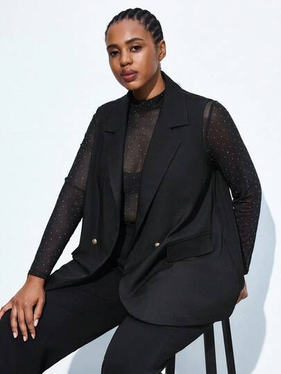 Maija Plus Size Women's Solid Color Sleeveless Front Button Placket Minimalist Casual Blazer, Basic Urban Commute Simple Stylish Business Casual For Office Wear Christmas Halloween Mexican African Romantic, Fashion, Versatile; Comfortable, Stylish, Elegant, Casual, , Simple Daily Wear, Essential, Black Tops In Fall/Winter  Halloween Halloween Costume For Women Christmas Christmas Women's Clothing New Year Dress New Year Women Thanksgiving Outfit For Women