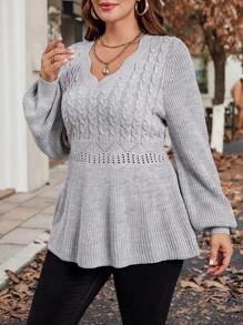 Reflora Sweter damski w dużym rozmiarze z warkoczowym wzorem, dekoltem w serek, rękawami typu latarnia, sweter w dużym rozmiarze, sweter w dużym rozmiarze, szary, dekolt w serek, długie rękawy, rękawy typu latarnia, wygodny i miękki w talii, wzór liści lotosu, codzienny, swobodny sweter, jesień, zima, jesień, zima, wieczorne wyjście, wyjście, styl vintage, damski, odpowiedni na wiele okazji, Halloween, Boże Narodzenie