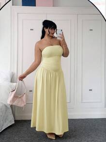 SHEIN EZwear 大码女式休闲黄色抹胸连衣裙 - 杏色 - 查看 4