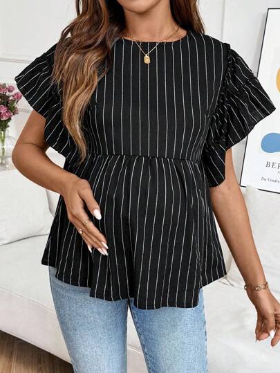 SHEIN Pregnant Women's Round Neck Cap Sleeve Ruffle Striped Casual T-Shirt, Summer