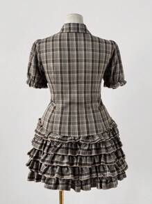 Sweetra Plus Size Women's Puff Sleeve Blouse And Plaid Skirt 2 Pieces Set Plaid Dress Checkered Clothes Gothic Summer Clothes Vintage Clothes  Vintage - Multicolor - View 2