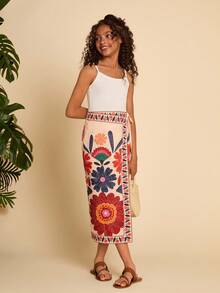 SHEIN Tween Girl Woven Vintage Floral Print A-Line Skirt