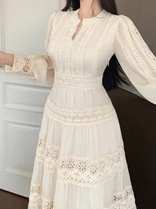 DAZY Women's Elegant Lace Round Neck Puff Sleeve Mid-Length Dress, Autumn,Fall Women Clothes Maxi Dress - Apricot - View 7