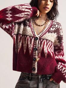 Bohemela Áo khoác len dệt kim khối màu đỏ Angola cổ điển thường ngày BOHO dành cho nữ, Áo khoác len dệt kim tay dài Boho Fair Isle thời trang thu/đông, Phong cách đồng quê miền Tây, Kỳ nghỉ hòa nhạc cho mùa thu/đông, Thích hợp mặc khi đi nghỉ & mặc hàng ngày & trở lại trường, Halloween, Thu - Nhiều màu - Xem 5