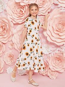 SHEIN Tween Girl Allover Sunflower Print Dress - White - View 3